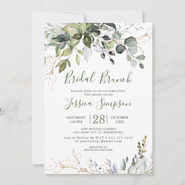 Watercolor Eucalyptus Greenery Bridal  Brunch Invitation (Front)
