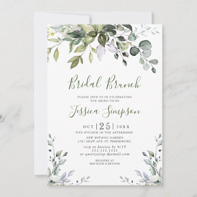 Watercolor Eucalyptus Greenery Bridal  Brunch Invitation (Front)