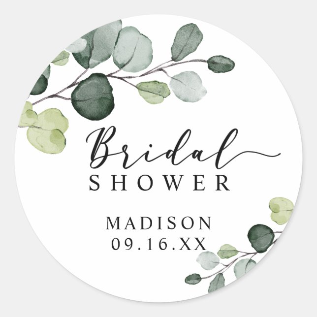 Watercolor Eucalyptus Greenery Bridal Shower Classic Round Sticker (Front)