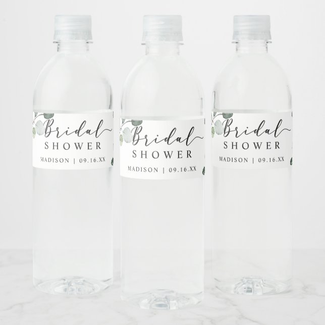 Watercolor Eucalyptus Greenery Bridal Shower Favou Water Bottle Label (Bottles)