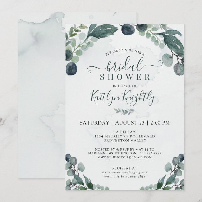 Watercolor Eucalyptus Greenery Bridal Shower Invitation (Front/Back)
