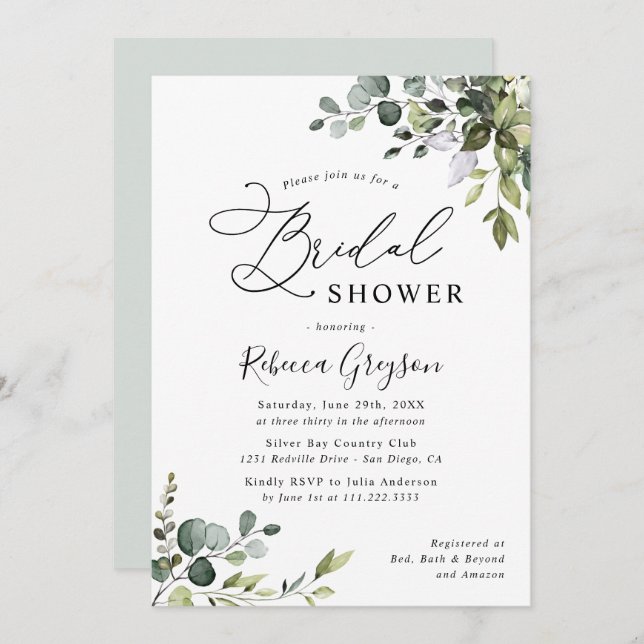 Watercolor Eucalyptus Greenery Bridal Shower Invitation (Front/Back)