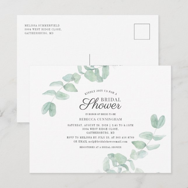 Watercolor Eucalyptus Greenery Bridal Shower Invitation Postcard (Front/Back)