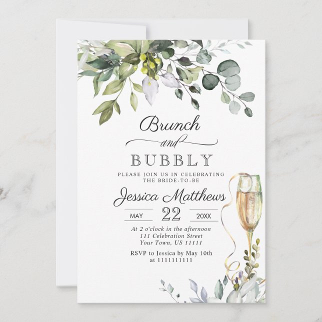 Watercolor Eucalyptus Greenery Brunch & Bubbly Invitation (Front)