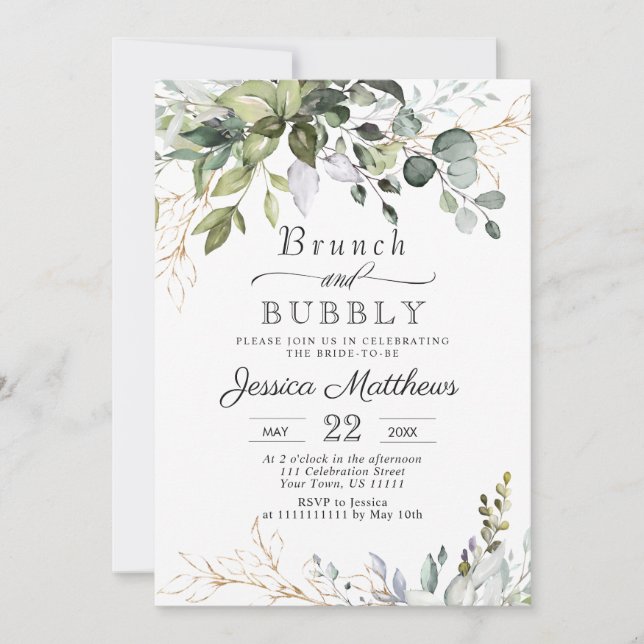 Watercolor Eucalyptus Greenery Brunch & Bubbly Invitation (Front)