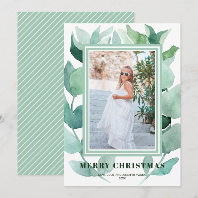 Watercolor Eucalyptus Greenery Christmas Photo Holiday Card (Front/Back)