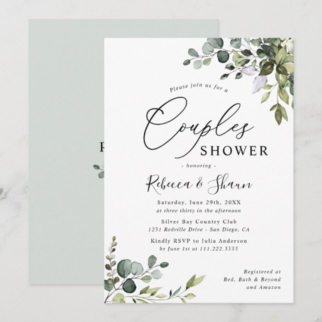 Watercolor Eucalyptus Greenery Couples Shower Invitation (Front/Back)