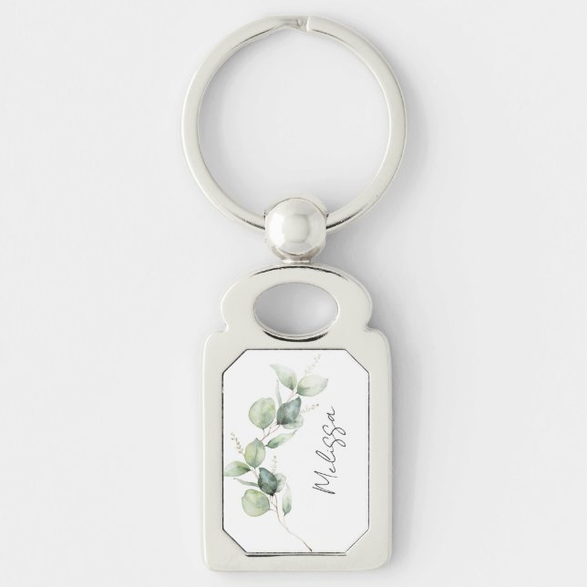 Watercolor Eucalyptus Greenery Custom Key Ring (Front)