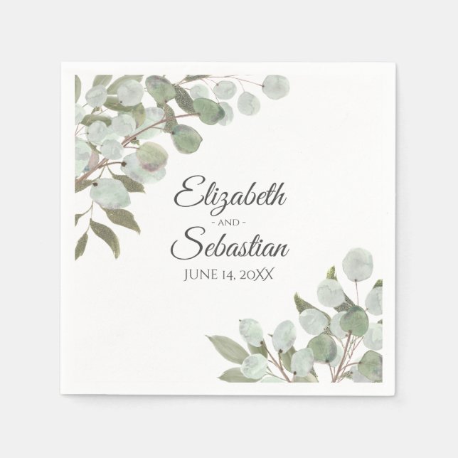 Watercolor Eucalyptus & Greenery Elegant Wedding Napkin (Front)