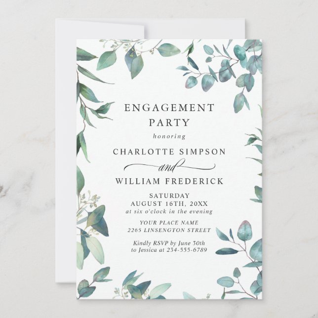Watercolor Eucalyptus Greenery ENGAGEMENT PARTY Invitation (Front)