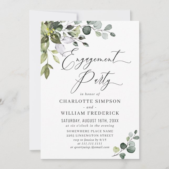Watercolor Eucalyptus Greenery ENGAGEMENT PARTY Invitation (Front)