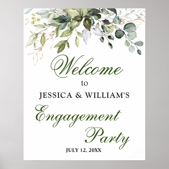 Watercolor Eucalyptus Greenery Engagement Party Poster (Front)