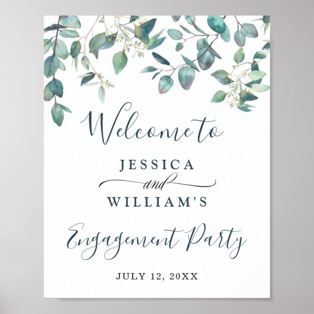 Watercolor Eucalyptus Greenery Engagement Party Poster (Front)