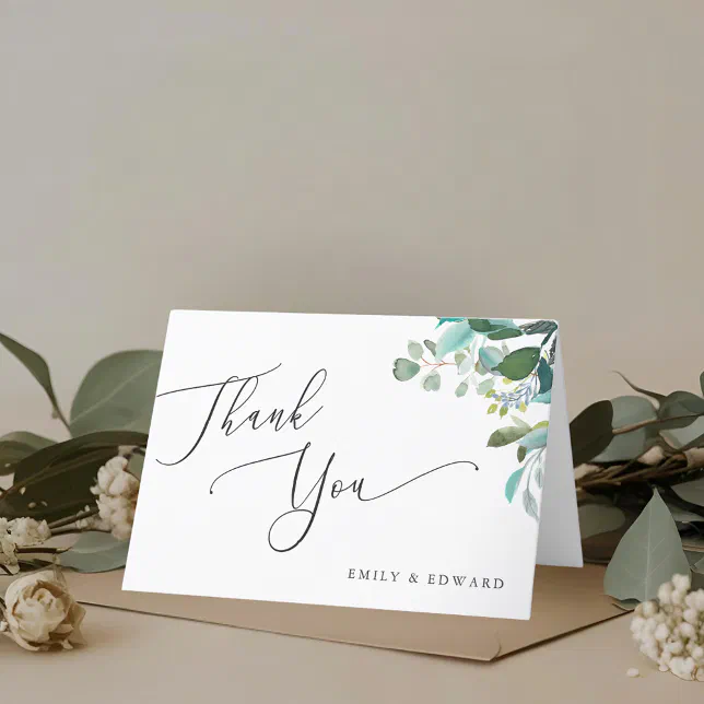 Watercolor Eucalyptus Greenery Folded Wedding Thank You Card | Zazzle