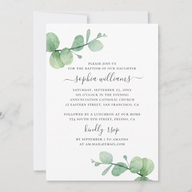 Watercolor eucalyptus. Greenery foliage baptism In Invitation (Front)