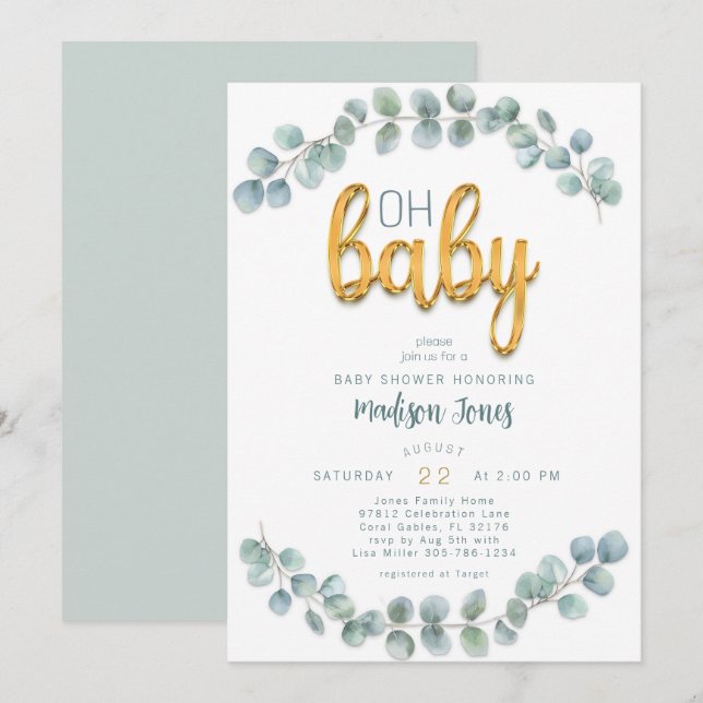 Watercolor Eucalyptus Greenery Gold Baby Shower Invitation (Front/Back)