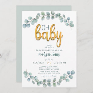 Watercolor Eucalyptus Greenery Gold Baby Shower Invitation