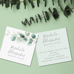 Watercolor Eucalyptus Greenery Gold Leaves  Square Business Card
