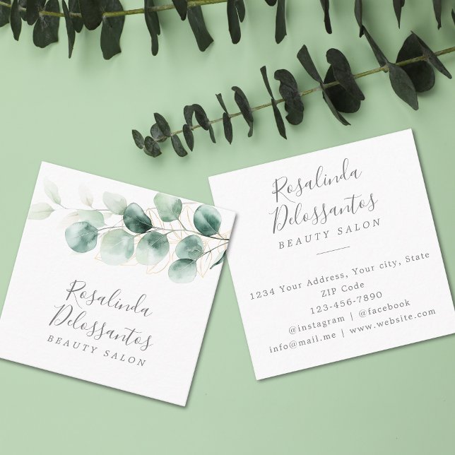 Watercolor Eucalyptus Greenery Gold Leaves  Square Business Card (Watercolor Eucalyptus Greenery Gold Leaves Square Business Card)