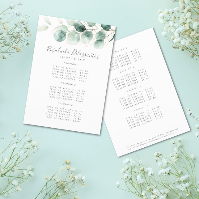 Watercolor Eucalyptus Greenery Gold Salon Service  Flyer (Watercolor Eucalyptus Greenery Gold Salon Service Flyer)