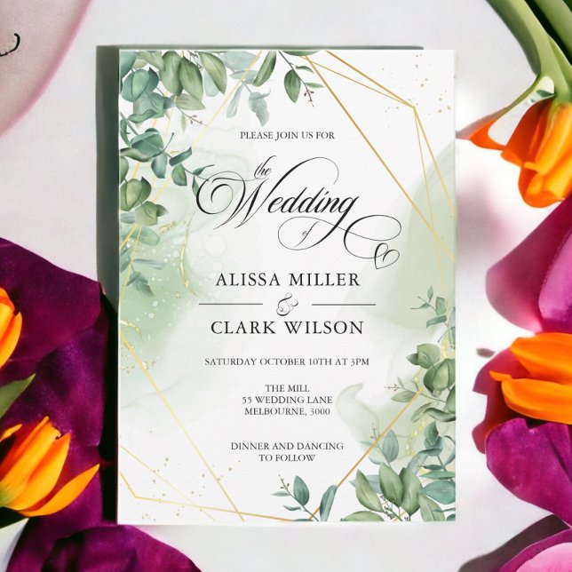 Watercolor Eucalyptus Greenery Gold Wedding Invita Invitation (Creator Uploaded)