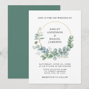 Watercolor Eucalyptus Greenery Gold Wedding Invitation