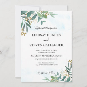 Watercolor Eucalyptus Greenery Gold Wedding Invitation