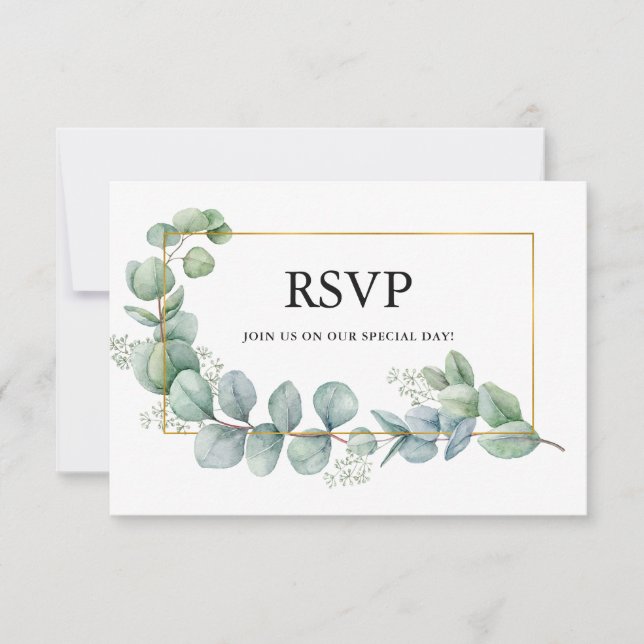 Watercolor Eucalyptus Greenery Gold Wedding Meal RSVP Card (Front)