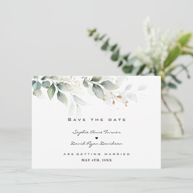 Watercolor Eucalyptus Greenery Gold Wedding  Save The Date (Standing Front)