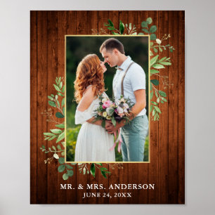 Watercolor Eucalyptus Greenery Gold Wood Photo Poster