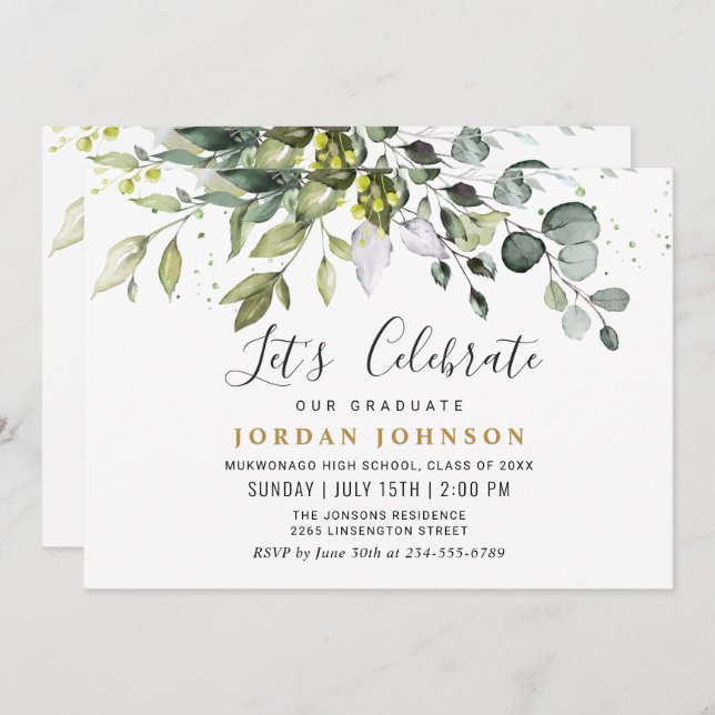 Watercolor Eucalyptus Greenery Graduation Party Invitation (Front/Back)