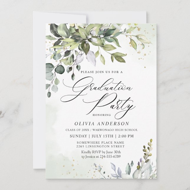 Watercolor Eucalyptus Greenery Graduation Party Invitation (Front)