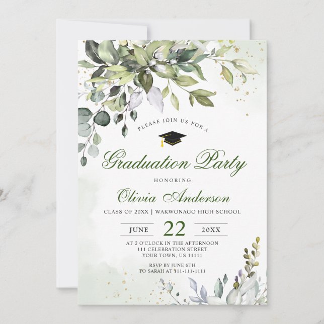 Watercolor Eucalyptus Greenery Graduation Party Invitation (Front)