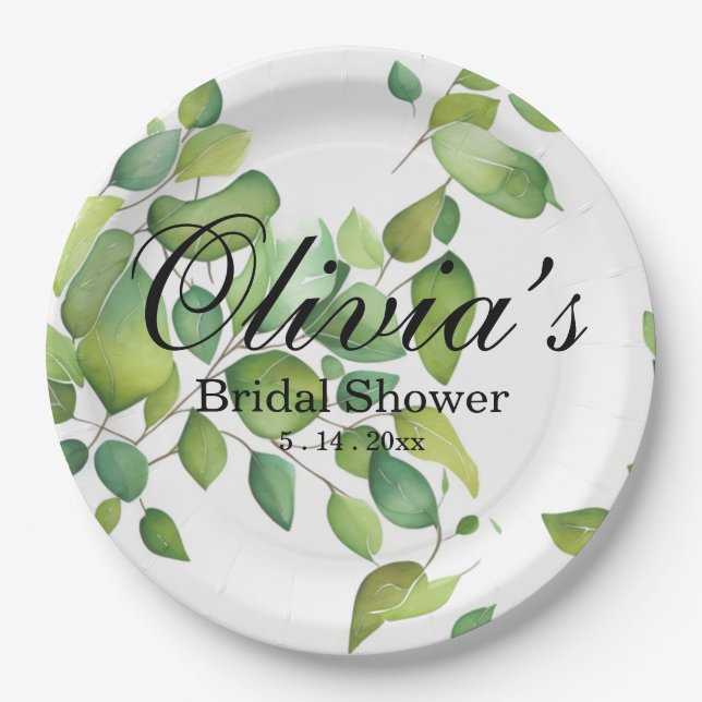Watercolor eucalyptus greenery green foliage  paper plate (Front)