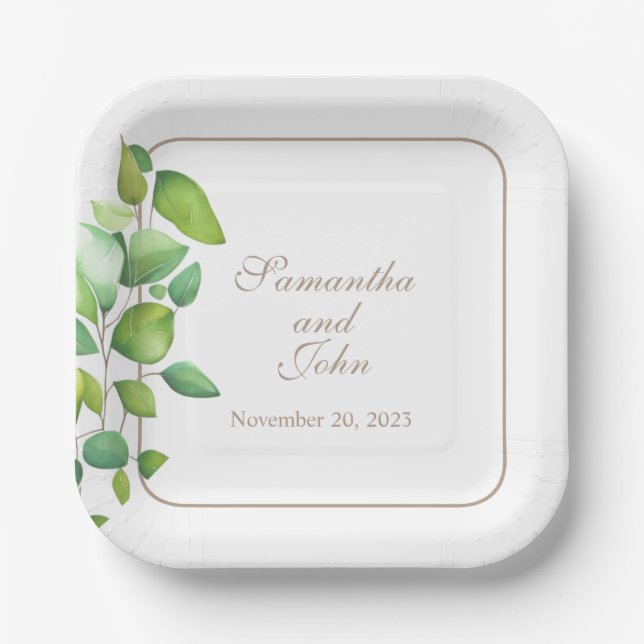 Watercolor eucalyptus greenery green foliage  paper plate (Front)