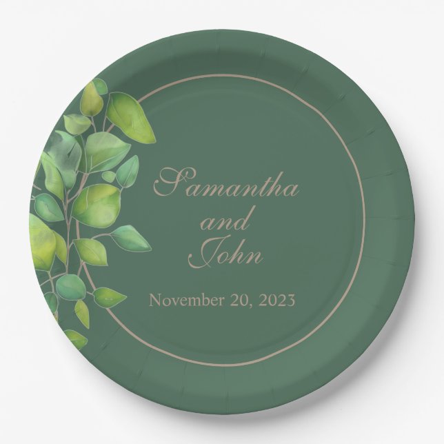 Watercolor eucalyptus greenery green foliage  paper plate (Front)