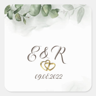 Watercolor Eucalyptus Greenery  Hearts Wedding Square Sticker