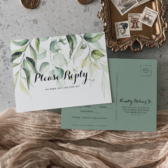 Watercolor Eucalyptus Greenery Menu Choice RSVP  Postcard (Creator Uploaded)