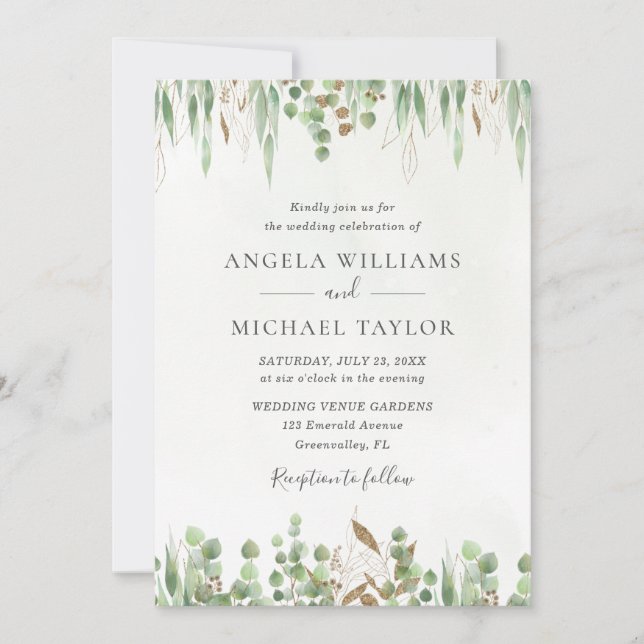 Watercolor Eucalyptus Greenery Modern Wedding Invitation (Front)