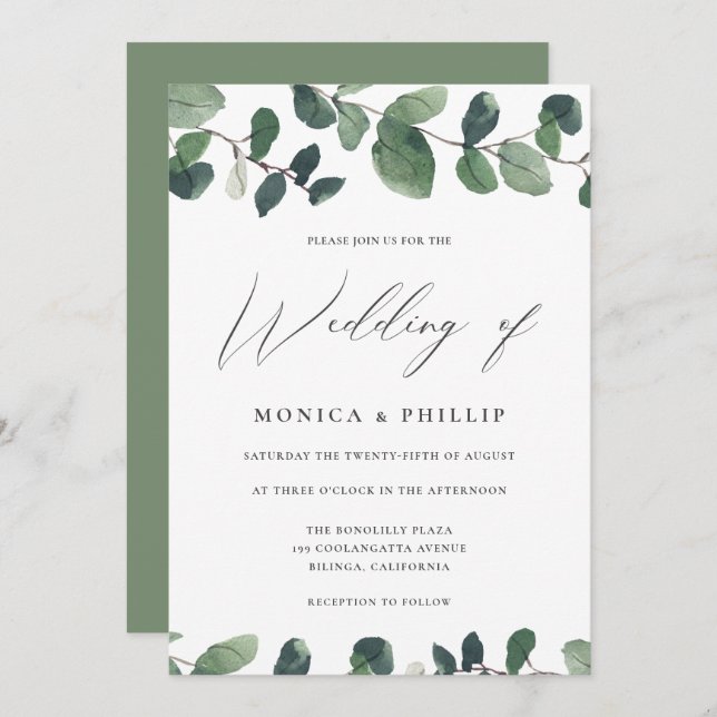 Watercolor Eucalyptus Greenery Modern Wedding Invitation (Front/Back)