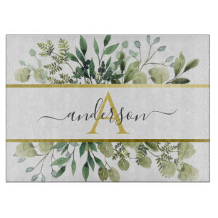 Watercolor Eucalyptus & Greenery Monogram Cutting Board