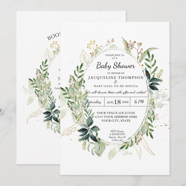 Watercolor Eucalyptus Greenery n Gold Baby Shower Invitation (Front/Back)