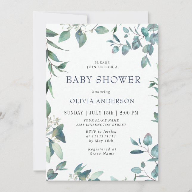 Watercolor Eucalyptus Greenery NEUTRAL Baby Shower Invitation (Front)