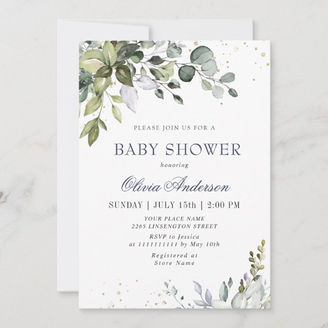 Watercolor Eucalyptus Greenery NEUTRAL Baby Shower Invitation (Front)
