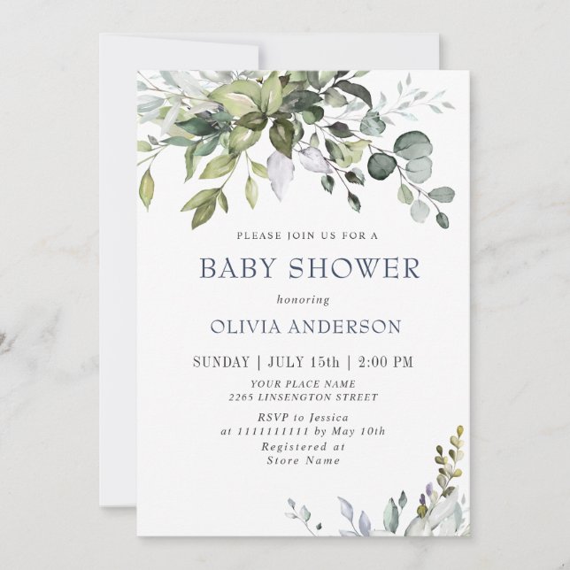 Watercolor Eucalyptus Greenery NEUTRAL Baby Shower Invitation (Front)