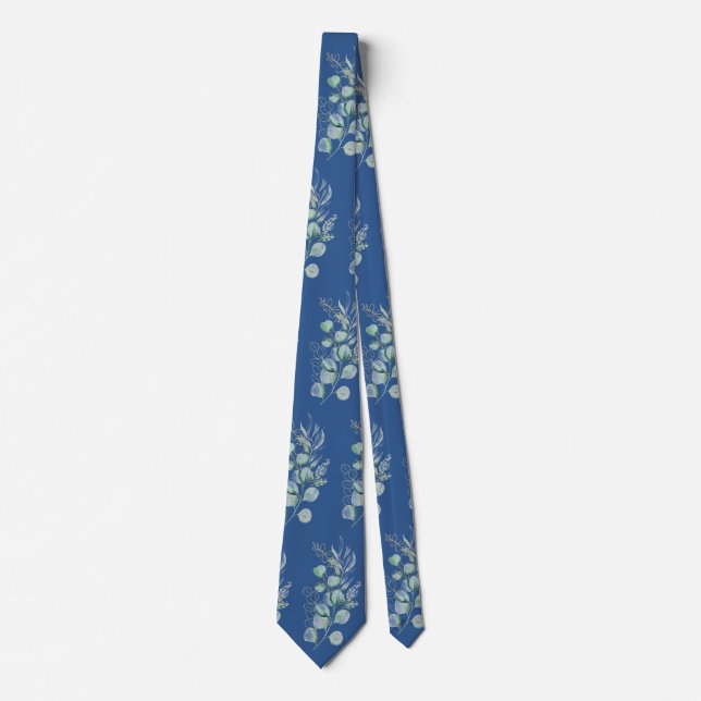 Watercolor Eucalyptus Greenery Pattern Blue Tie (Front)