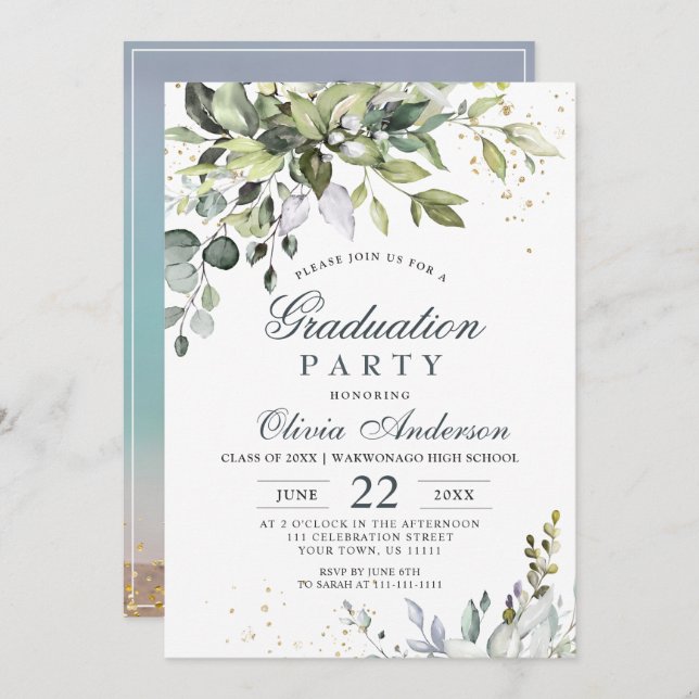 Watercolor Eucalyptus Greenery PHOTO Graduation Invitation (Front/Back)