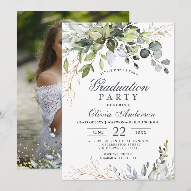 Watercolor Eucalyptus Greenery PHOTO Graduation Invitation (Front/Back)
