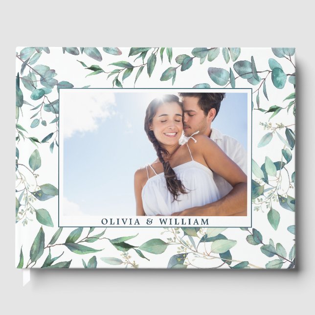 Watercolor Eucalyptus Greenery PHOTO Wedding Guest Book (Front)