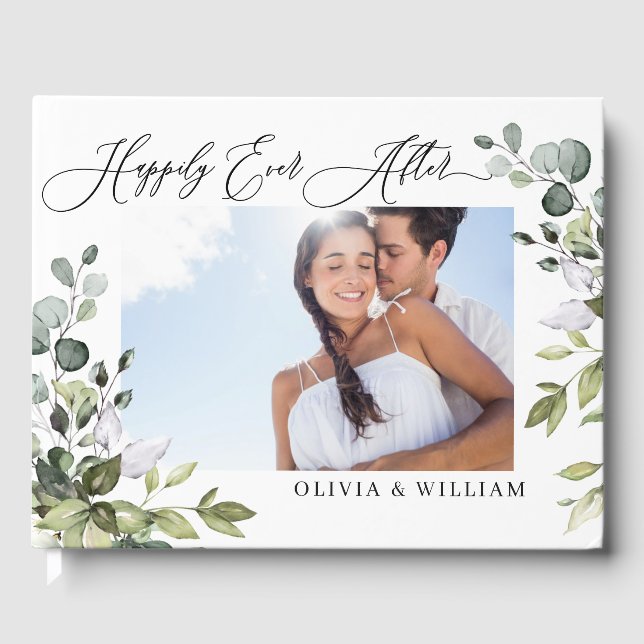 Watercolor Eucalyptus Greenery PHOTO Wedding Guest Book (Front)